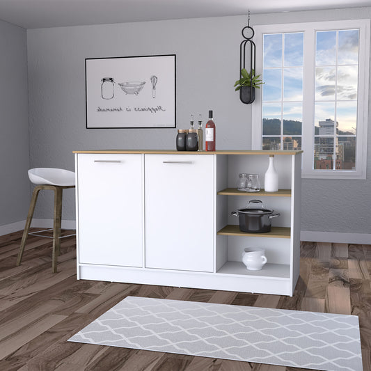 Gladiolus kitchen island in melamine, two doors, three open shelves