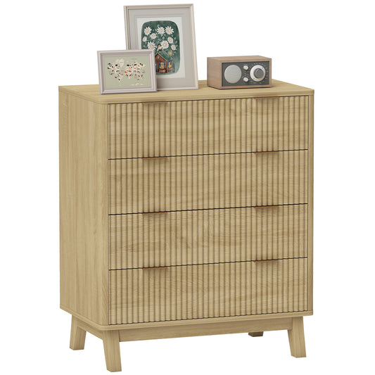 HOMCOM Fluted Dresser for Bedroom with 4 Drawers, Chest of Drawers with Gold Finger Pulls and 4 Wood Legs, Natural Wood