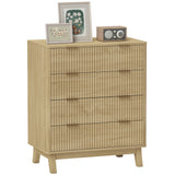 HOMCOM Fluted Dresser for Bedroom with 4 Drawers, Chest of Drawers with Gold Finger Pulls and 4 Wood Legs, Natural Wood