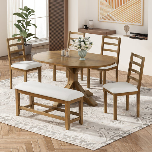TOPMAX Farmhouse 6-Piece 60inch Extendable Pedestal Dining Table Set with 18inch Removable Leaf, 44inch Bench and 4 Ladder Back Dining Chairs, Dark Brown+Beige(OLD SKU:SP000060AAD)