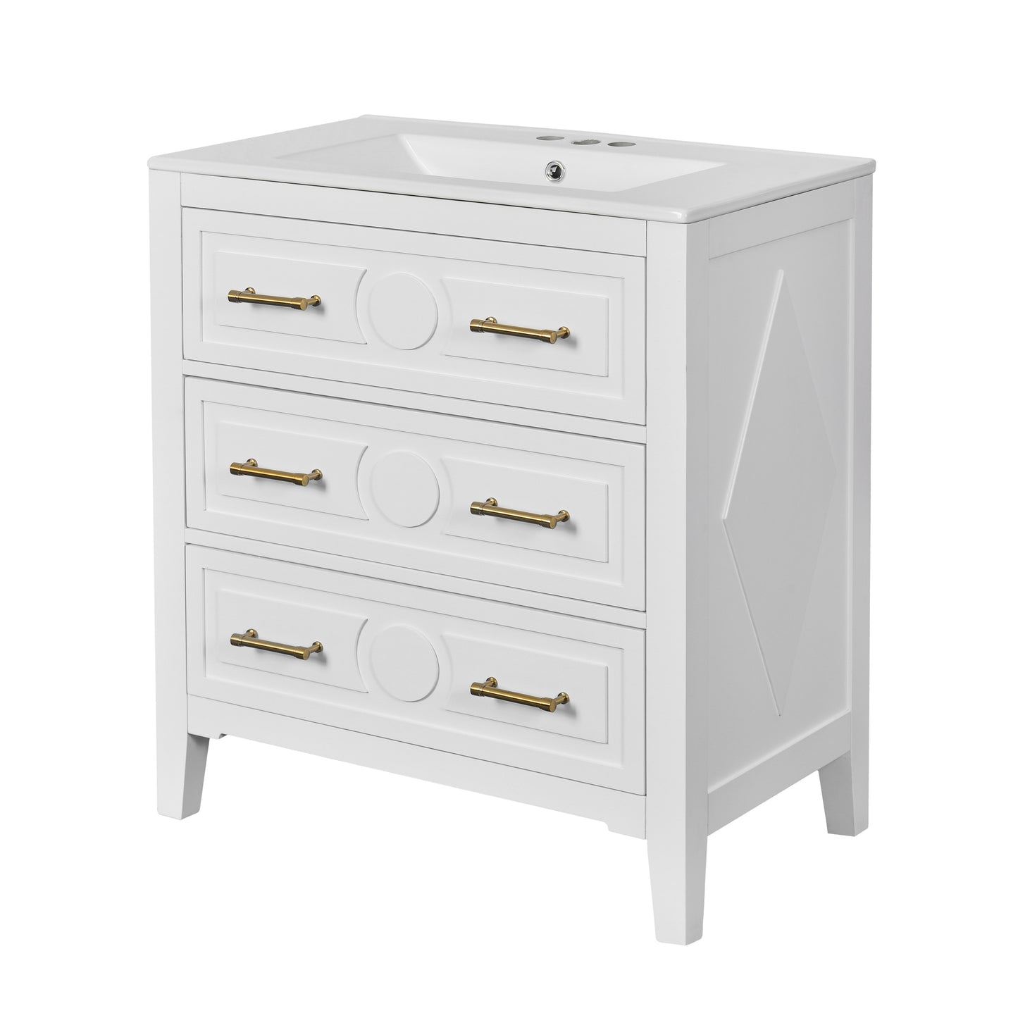 White Retro Bathroom Vanity with Ceramic Sink Combo, Free Standing Single Vanity Set with 3 Drawers, Solid Wood Frame Storage Cabinet