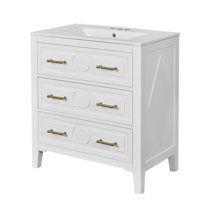 White Retro Bathroom Vanity with Ceramic Sink Combo, Free Standing Single Vanity Set with 3 Drawers, Solid Wood Frame Storage Cabinet