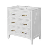White Retro Bathroom Vanity with Ceramic Sink Combo, Free Standing Single Vanity Set with 3 Drawers, Solid Wood Frame Storage Cabinet
