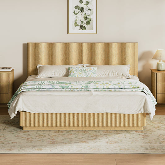 Kind Size Bed Frame with LED Lights, Modern Wooden Corrugated Curved Lines, Convex Groove Board Design, Oak.