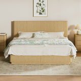 Kind Size Bed Frame with LED Lights, Modern Wooden Corrugated Curved Lines, Convex Groove Board Design, Oak.
