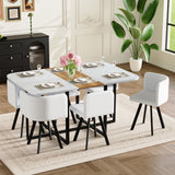 7-Piece Rectangular Dining Table Set, Fixed White Faux Marble & Wood Grain Triamine Tabletop with 6 White Oil-Waxed Leather Chairs, Modern Kitchen Table Set for 6 People, Ideal for Small Spaces