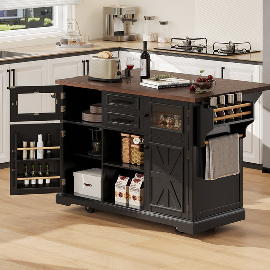 K&K 54.9' Kitchen Island with Drop Leaf, Power Outlet, Kitchen Storage Cart with 4 Door Shelves, Cross Barn Doors & Visual Glass Door, Rolling Kitchen Island on 4 Wheels for Kitchen, Dining Room,Black