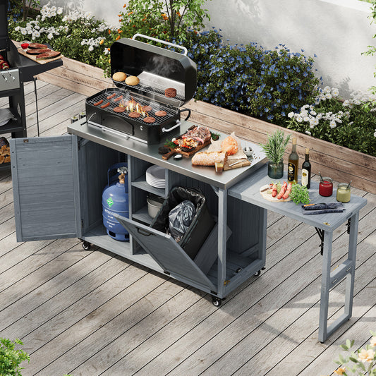 K&K 78.3' Outdoor Kitchen Island with Foldable Grill Table, Wooden Outdoor Grill Cart with Trash Can Storage & Stainless Steel Top, Outdoor Bar Cart, Pizza Oven Table for Lawn & Garden, Grey Blue