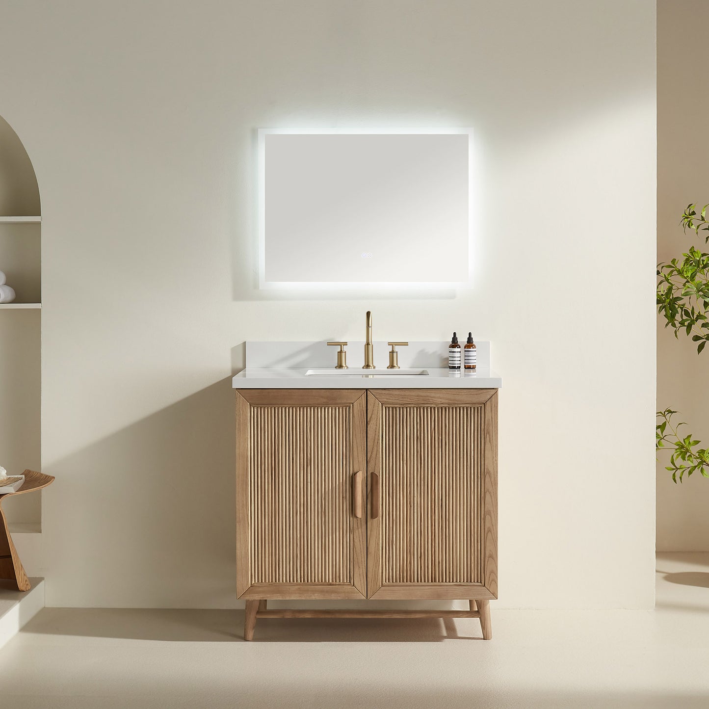Fully Assembled 36''  Light Coffee Freestanding Single Sink Bathroom Vanity with Solid Wood Construction and Engineered White Top