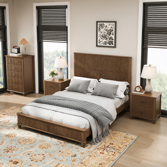 4-Piece Bedroom set with a Queen Size Bed,2 Nightstands and 5 Drawer Dresser,Walnut