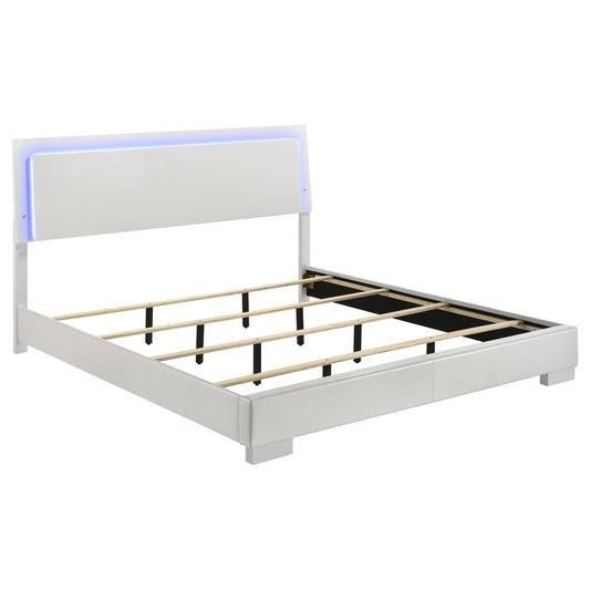Dulcey White High Gloss 6-piece Eastern King Bedroom Set with LED Lighting, White Faux Leather Accents, Wood Frame