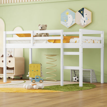 Solid Wooden, Rubber Wooden Twin Loft Bed with Ladder, Bed Platform of Strengthened Slats , White