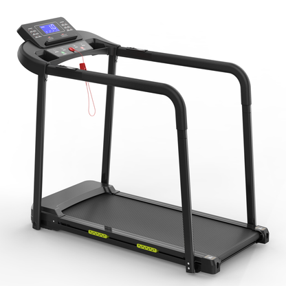 Senior Walking Pad Treadmill with Foldable Design, Large LED Display, Stable Handrails, 300 Lbs Capacity, Black Steel Frame