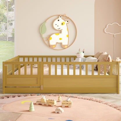 Full Size Floor bed, integral construction with super high security barrier, door, children's floor bed frame, Montessori wooden children's floor bed, Support  slat Natural Wood(Patented model)