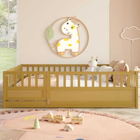 Full Size Floor bed, integral construction with super high security barrier, door, children's floor bed frame, Montessori wooden children's floor bed, Support  slat Natural Wood(Patented model)