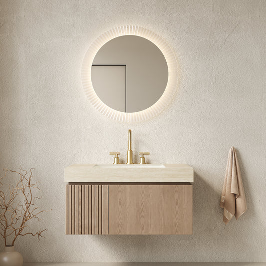 MURI 36' Bathroom Vanity&Sink, Floating Plywood Storage Cabinet with Drawer&Door, Roma Travertine Sintered Stone Top&Ceramic Basin with 3 Pre-drilled Faucet Holes, Pre-assembled, Heidelberg Woodgrain