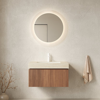 MURI 30' Bathroom Vanity&Sink, Floating Plywood Storage Cabinet with Drawer&Door, Roma Travertine Sintered Stone Top&Ceramic Basin with 1 Pre-drilled Faucet Hole, Pre-assembled, Brown Oak Woodgrain