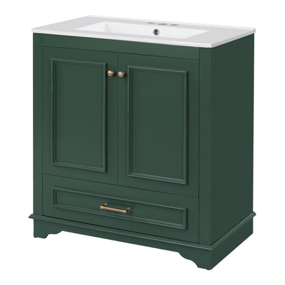 Green Modern Bathroom Vanity with Ceramic Sink, 30' Solid Wood Frame Cabinet with 2 Soft-Closing Doors and Drawer Storage
