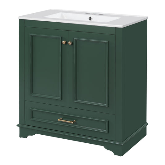 Green Modern Bathroom Vanity with Ceramic Sink, 30' Solid Wood Frame Cabinet with 2 Soft-Closing Doors and Drawer Storage
