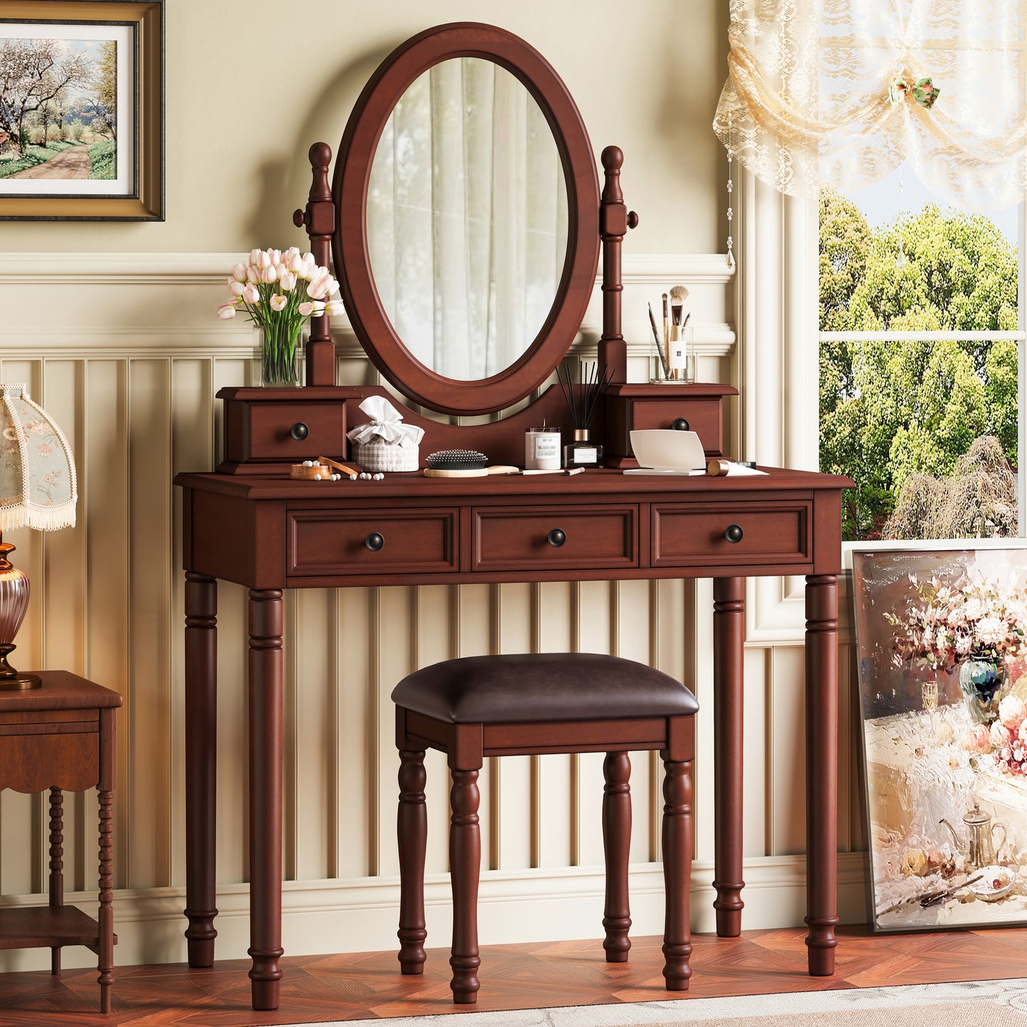 Vanity Desk with Adjustable Angle Mirror, Vintage Vanity Makeup Table and Cushioned Stool Set with Velvet Fabric Lining 5 Drawers,Wooden Dressing Table Set for Bedroom, Walnut