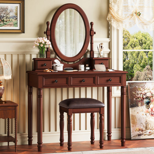 Vanity Desk with Adjustable Angle Mirror, Vintage Vanity Makeup Table and Cushioned Stool Set with Velvet Fabric Lining 5 Drawers,Wooden Dressing Table Set for Bedroom, Walnut