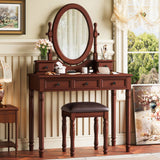 Vanity Desk with Adjustable Angle Mirror, Vintage Vanity Makeup Table and Cushioned Stool Set with Velvet Fabric Lining 5 Drawers,Wooden Dressing Table Set for Bedroom, Walnut