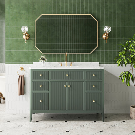 Fully Assembled 48'' Green Freestanding Single Sink Bathroom Vanity with Solid Wood Construction and Engineered Marble Top