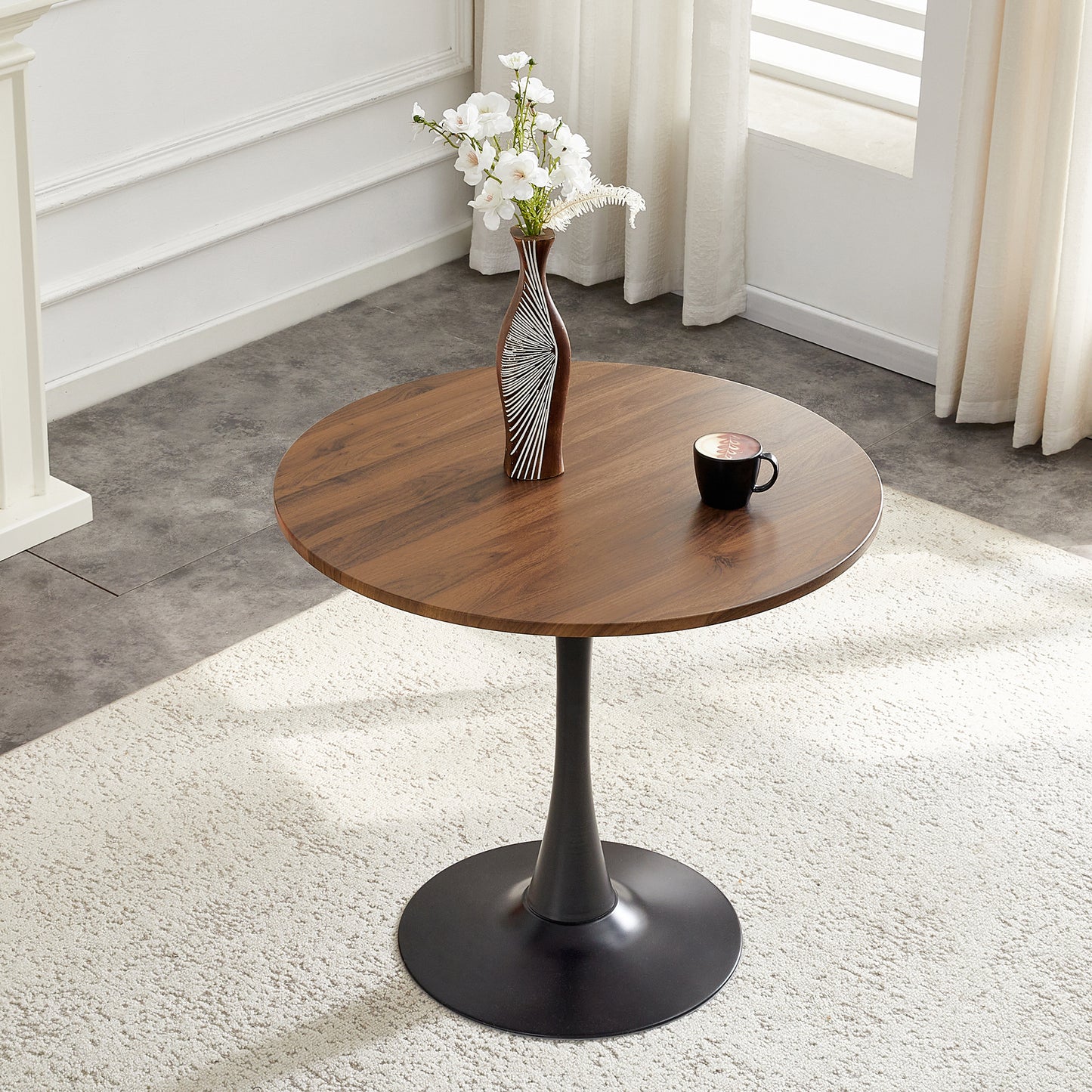 Round Dining Table, 31.5' Circle Tulip Table with Thickened Tabletop & Metal Pedestal, Mid Century Modern Bistro Table for Kitchen, Small Places, Living Room, Cafe (Faux Walnut)