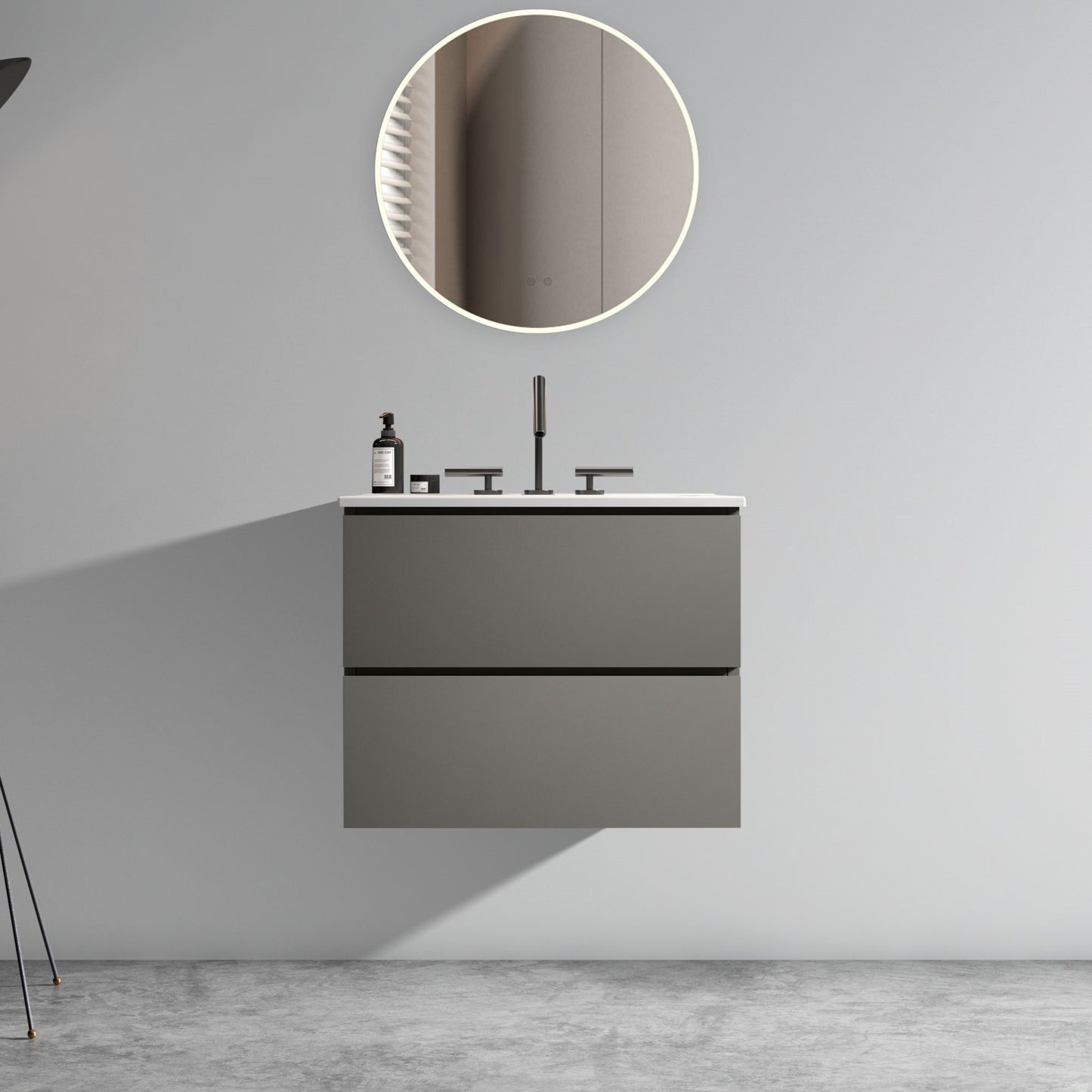 TIA 24' Wall Mount Space Grey Bathroom Vanity with Ceramic Sink with Three Faucet Holes, Large Storage Floating Bathroom Vanity for Modern Bathroom, One-Piece Sink Basin without Drain, Pre-assembled