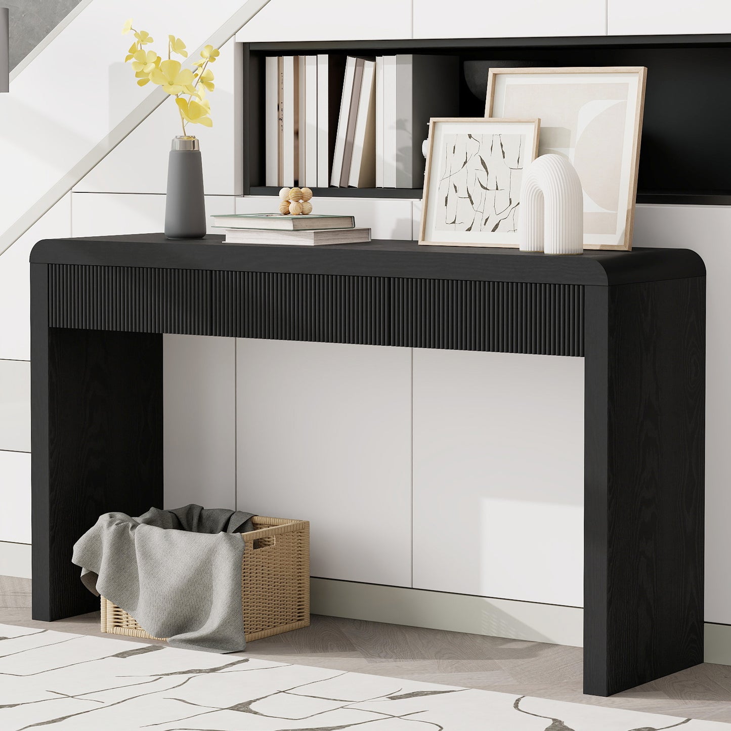 TREXM Rustic Console Table with 3 Fluted Drawers - Solid Wood Veneer Entryway Table Featuring Natural Wood Grain for Living Room, Hallway (Black)