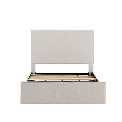 Lucas Tall Headboard Upholstered Bed - 52' High - Elegant Simplicity - Textured Ivory Canvas Fabric + Metal Frame - Queen Size