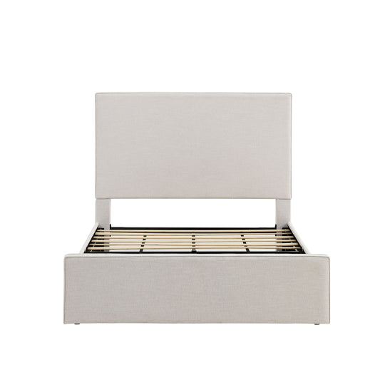 Lucas Tall Headboard Upholstered Bed - 52' High - Elegant Simplicity - Textured Ivory Canvas Fabric + Metal Frame - Queen Size