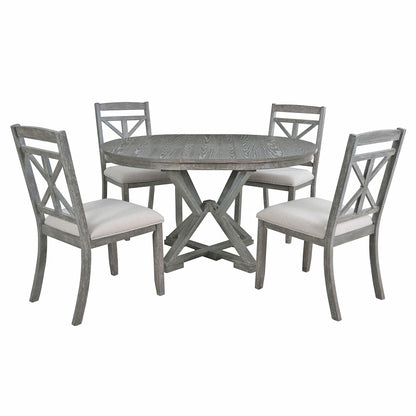TREXM Retro Functional Extendable Round Dining Table Set with 4 Upholstered Chairs in Grey, Solid Rubberwood Frame and Linen Cushions
