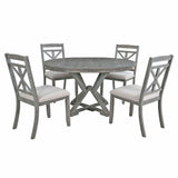 TREXM Retro Functional Extendable Round Dining Table Set with 4 Upholstered Chairs in Grey, Solid Rubberwood Frame and Linen Cushions