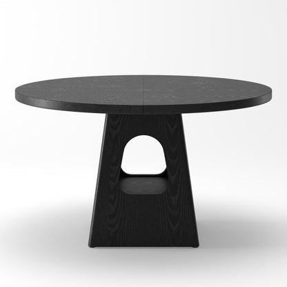Farmhouse Round Dining Table for 4-6 People, 47 Inch Wooden Top with Storage Base in Black, MDF and Metal Construction