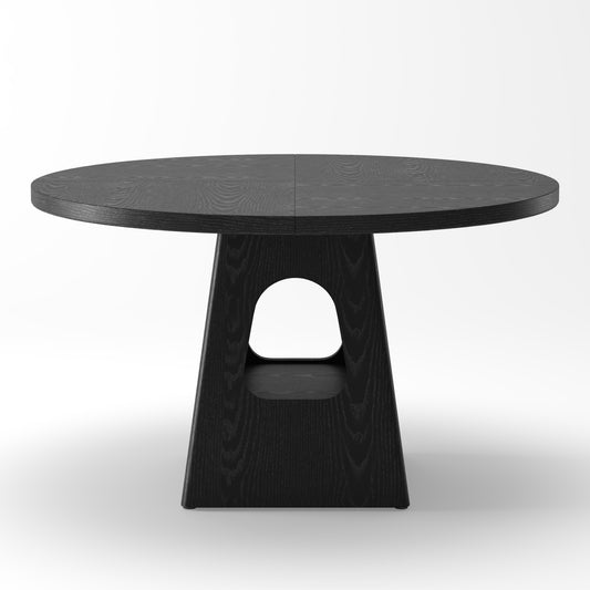Farmhouse Round Dining Table for 4-6 People, 47 Inch Wooden Top with Storage Base in Black, MDF and Metal Construction
