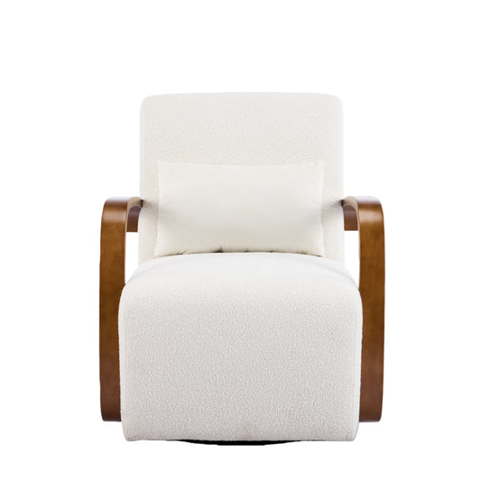 Cream Upholstered 360° Swivel Accent Chair – Mid-Century Modern Design, Solid Wood Curved Arms, Linen Blend Fabric, Beige Color, 31.8 x 26.77 x 34.25 inches