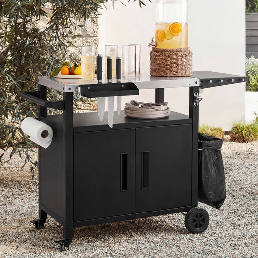 K&K Outdoor Grill Cart with Storage Cabinet, Outdoor Metal Kitchen Island with Foldable Table, Pizza Oven Table with Wheels & Stainless Steel Top & Hooks & Spice Rack for BBQ,Waterproof Cover Included