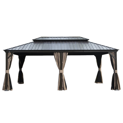 12' X 18' Hardtop Gazebo, Upgraded Metal Gazebo with Drainage System, Dual-Layer Galvanized Steel Roof, Curtain and Netting, Outdoor Shelter Canopy for Patio, Garden, and Backyard, Brown