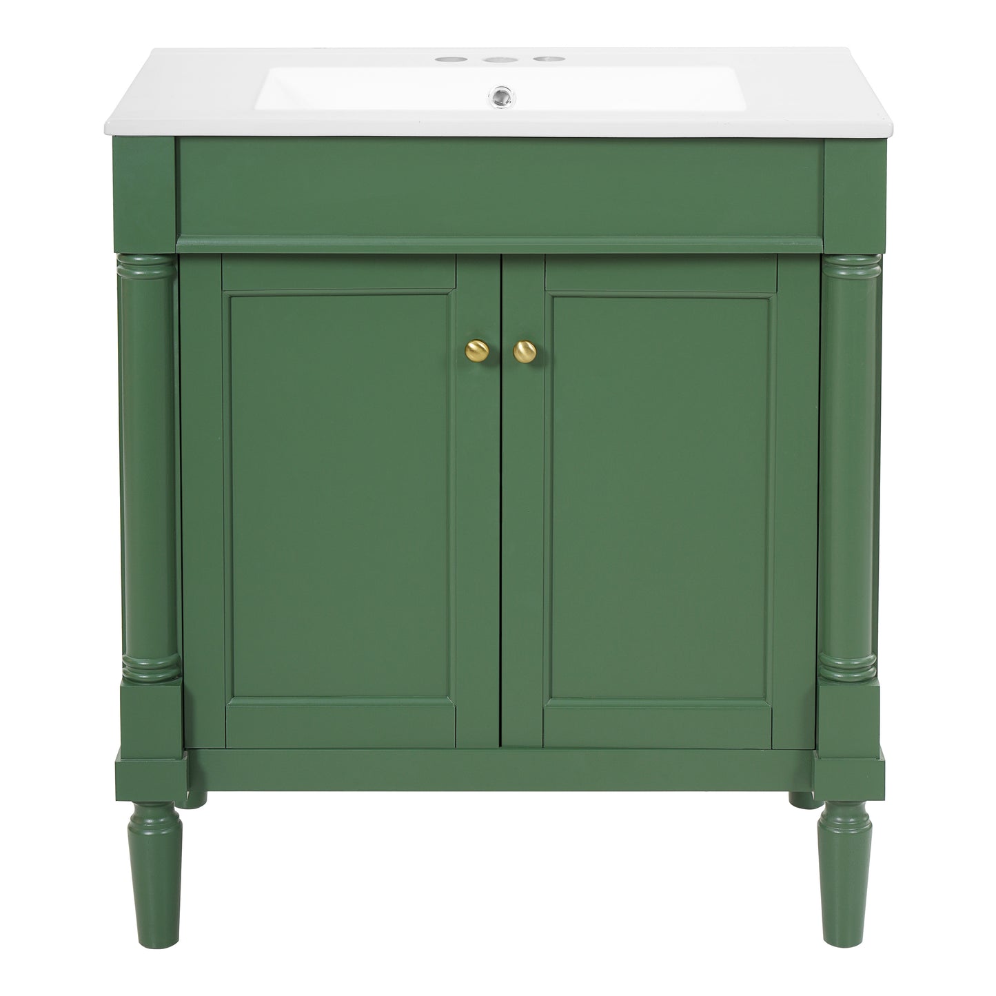 30' Green Modern Bathroom Vanity Cabinet with Ceramic Sink, Soft Close Doors, Solid Wood Legs, MDF & Rubber Wood Construction