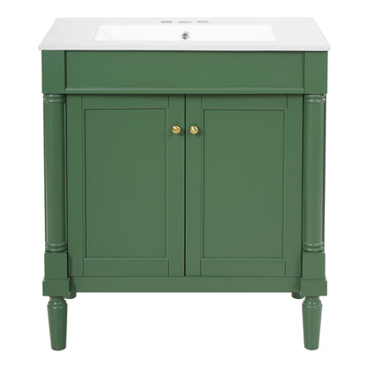30' Green Modern Bathroom Vanity Cabinet with Ceramic Sink, Soft Close Doors, Solid Wood Legs, MDF & Rubber Wood Construction
