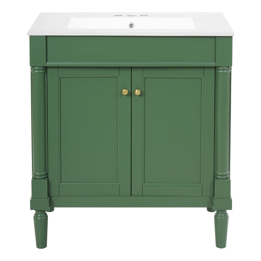 30' Green Modern Bathroom Vanity Cabinet with Ceramic Sink, Soft Close Doors, Solid Wood Legs, MDF & Rubber Wood Construction