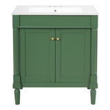 30' Green Modern Bathroom Vanity Cabinet with Ceramic Sink, Soft Close Doors, Solid Wood Legs, MDF & Rubber Wood Construction