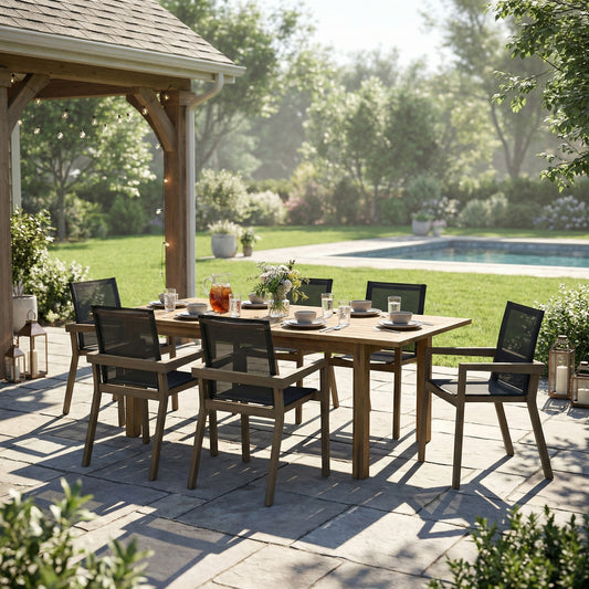 7 Pieces Acacia Wood Outdoor Dining Set s,Modern 6 Chairs 1 Large Table, Dining Furniture Set for Lawn, Backyard, Garden Deck,Poolside,Grey