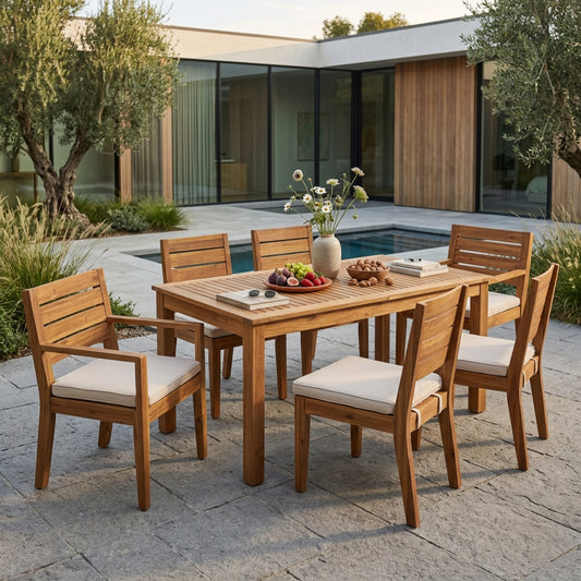 Outdoor 6-Seater Acacia Wood Expandable Dining Set with Cushions,Sandblasted Natural and Beige