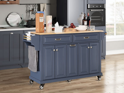 Kitchen Island with Rubber wood Countertop, Kitchen Cart on 5 Wheels with Storage Cabinet and 2 Top Drawers and A center double layered storage drawer for Dinning Room, Blue