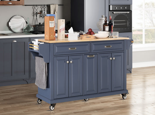 Kitchen Island with Rubber wood Countertop, Kitchen Cart on 5 Wheels with Storage Cabinet and 2 Top Drawers and A center double layered storage drawer for Dinning Room, Blue