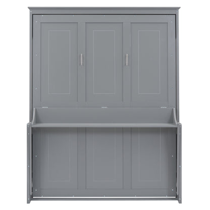 Gray Queen Size Murphy Bed with Shelf, Pine Wood + MDF, 80.7'' x 61''