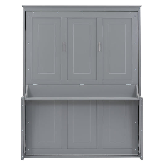 Gray Queen Size Murphy Bed with Shelf, Pine Wood + MDF, 80.7'' x 61''