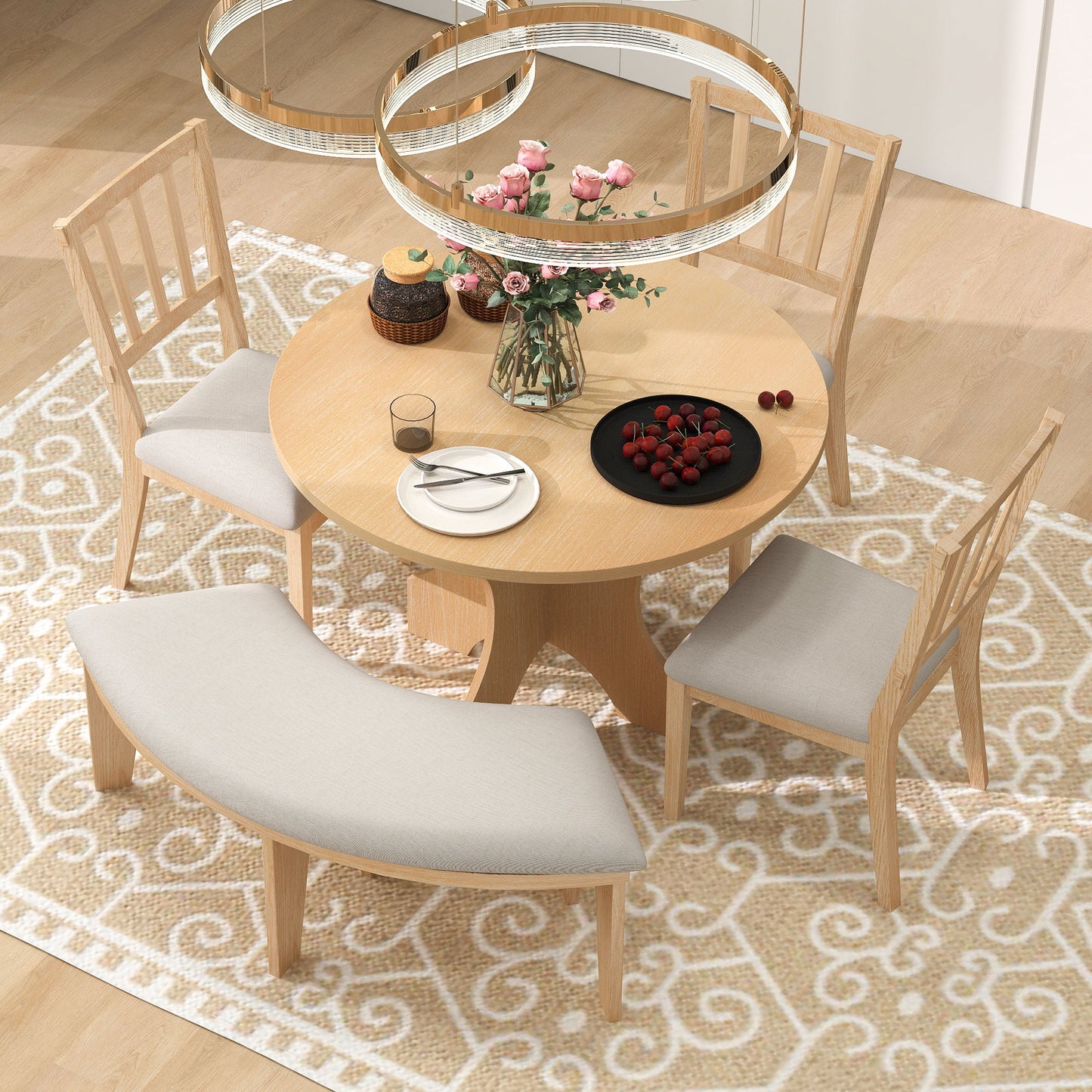 TREXM 5-piece Rustic Charm Round Dining Set with 3 Upholstered Chairs and Curved Bench for Dining Room, Kitchen and Living Room (Natural)